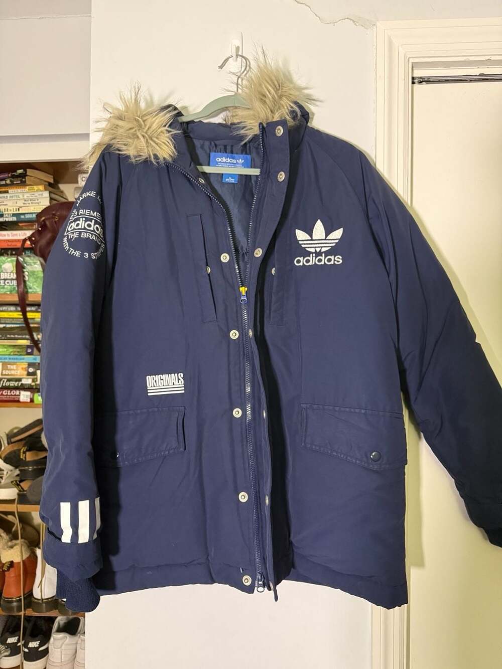 Adidas Originals Logo Down Jacket Size M Blue Faux Fur Hood